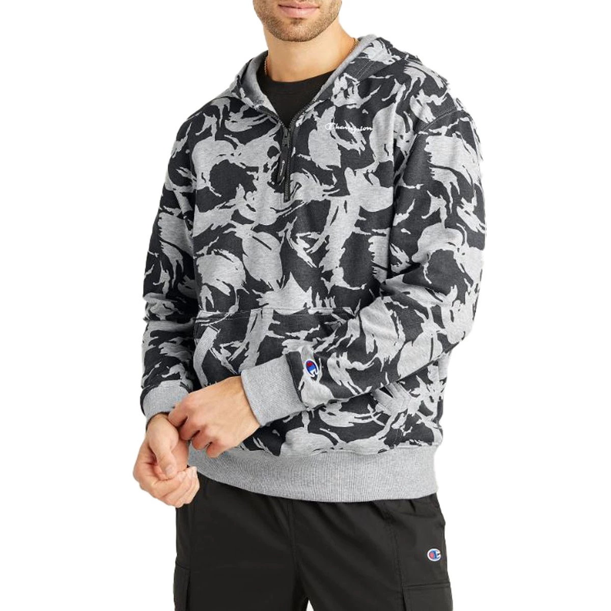 Men's Champion All Over Print Global Explorer French Terry 1/4 Zip Hoodie Brushstroke Camo Cargo Oli 3 Men's Champion All Over Print Global Explorer French Terry 1/4 Zip Hoodie Brushstroke Camo Cargo Oli