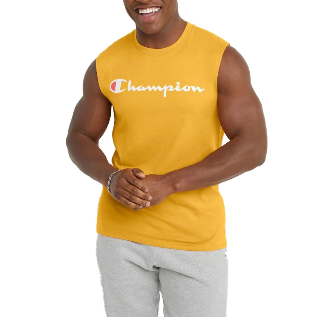 Men's Champion Classic Graphic Cut Off Muscle Tank Top Orange Capri 3 Men's Champion Classic Graphic Cut Off Muscle Tank Top Orange Capri