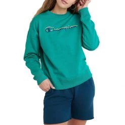 Women's Champion Powerblend Relaxed Double Shadow Script Graphic Crew Sweet Green -Champion Sales unnamed file 385