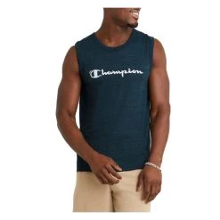 Men's Champion Waves Script Logo Classic Graphic Powerblend Tank Top Black/ Electric Cyan