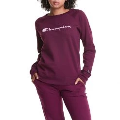 Women's Champion Powerblend Boyfriend Script Logo Graphic Crew Dark Berry Purple -Champion Sales unnamed file 541