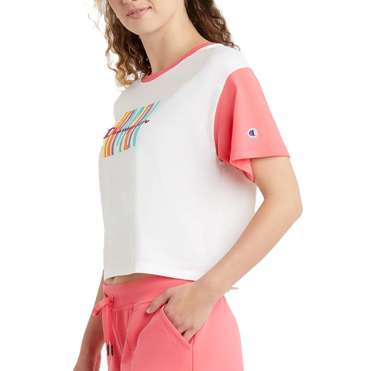 Women's Champion Cropped Sorbet Graphic T-Shirt White/pinky Peach 4 Women's Champion Cropped Sorbet Graphic T-Shirt White/pinky Peach - Image 2