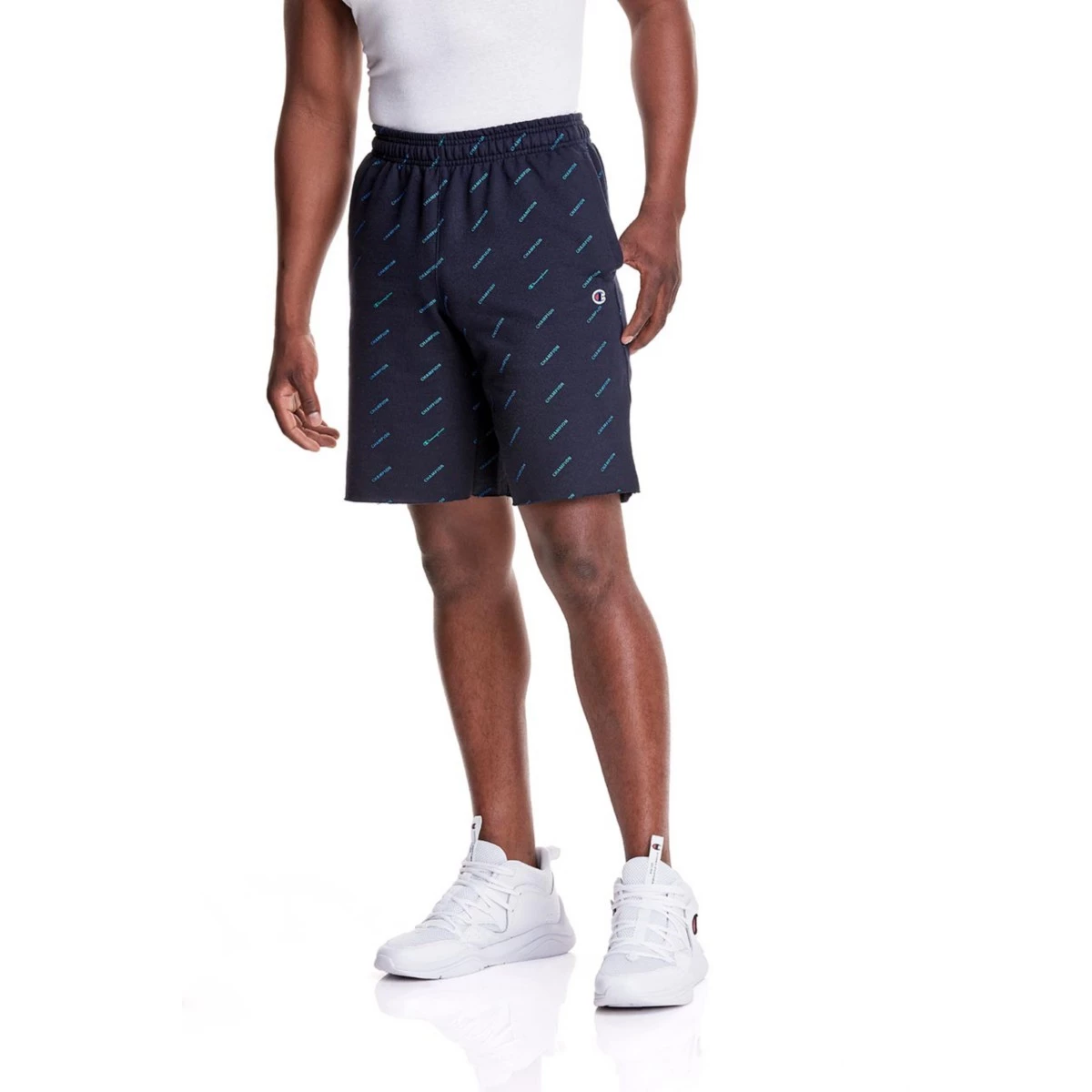 Men's Champion Powerblend All Over Logo Fleece Lounge Shorts Legand Navy 3 Men's Champion Powerblend All Over Logo Fleece Lounge Shorts Legand Navy