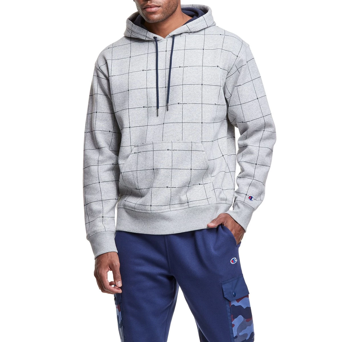 Men's Champion All Over Print Powerblend Hoodie Champion Grid Oxford Grey 7 Men's Champion All Over Print Powerblend Hoodie Champion Grid Oxford Grey - Image 5